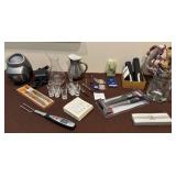 J3 - DECANTER SET, MEAT THERMOMETERS, PITCHER, MOR