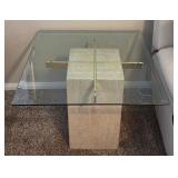 O - GLASS TOP STONE PLINTH COFFEE TABLE (L29)