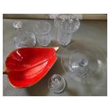 O - GLASS VASES, CANDLESTICKS, PLATE, MC LEAF DISH
