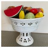 O - WHITE PORCELAIN PEDESTAL BOWL W/ FAUX FRUIT