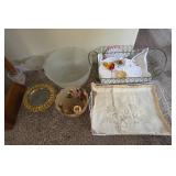O - BASKET TRAYS, BOWL, GLASS LAMP SHADE, MORE