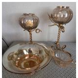 O - VINTAGE GLASS BOWL, CREAMER & CANDLE HOLDERS