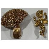 GOLDTONE MUSHROOM AND ANGEL BROOCHES (A30)