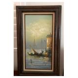 N1 - CHARMING FRAMED HARBOR PAINTING 19X29" (M47)