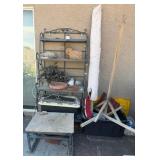 J1 - BAKERS RACK, GARDENING ITEMS, PATIO UMBRELLA