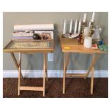 J1 - PAIR OF FOLDING TABLES, FRAMED ART, CANDLES