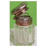 513 - VINTAGE GLASS JAR W/ ORNATE SILVER METAL LID