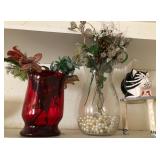 S2 - GLASS VASES & BEADED FLOWERS, CAT FIGURINE