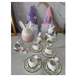 J4 - CERAMIC BUNNY TEA SET WITH GNOME FIGURINES