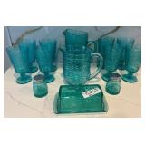 J4 - LOT OF TEAL PRESSED GLASS TABLEWARE (K16)