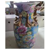 J4 - COLORFUL FLORAL VASE WITH BRONZE HANDLES