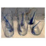J4 - LOT OF SIX CLEAR GLASS CUPS WITH BLUE STRAWS