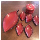 N1 - LOT OF RED LACQUERED LEAF DISHES (A3)