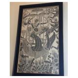 N1 - FRAMED BLACK AND WHITE WOODCUT PRINT (L59)
