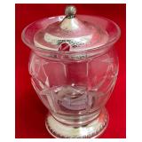 722 - STERLING SILVER & GLASS JAM JAR (K45)