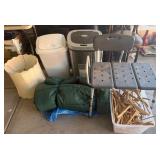 722 - SHOWER CHAIR, WASTE CANS, SHADE, HANGERS