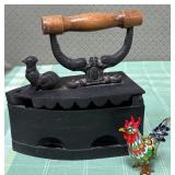 513 - ANTIQUE IRON W/ WOODEN HANDLE & ROOSTER