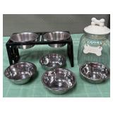 513 - LOT OF PET FEEDING DISHES & STORAGE JAR