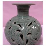 513 - CELADON RETICULATED VESSEL W/ FLORAL MOTIF