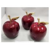 513 - THREE RED DECORATIVE APPLES W/ BRASS STEMS