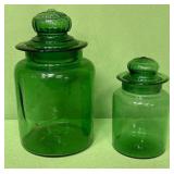 513 - TWO VINTAGE GREEN GLASS CANISTERS (F58)