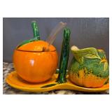 S1 - CERAMIC ORANGE JAM POT, PITCHER & CADDY (K19)