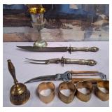 N3 - VINTAGE CARVING SET, NAPKIN RINGS, BRASS BELL