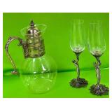 11 - COFFEE/TEA CARAFE, CRYSTAL & PEWTER FLUTES