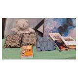 MIXED LOT OF BOOKS, PLUSH BEAR & PILLOWS