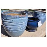 S2 - THREE BLUE GLAZED CERAMIC PLANTERS (Y45)