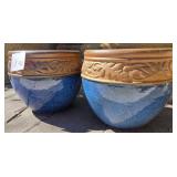S2 - TWO BLUE GLAZED PLANTERS W/ LEAF BAND (Y40)
