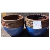 S2 - TWO BLUE GLAZED CERAMIC PLANTERS (Y39)