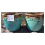 S2 - TWO LARGE TEAL GLAZED CERAMIC PLANTERS (Y38)