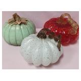548 - THREE ART GLASS DECORATIVE PUMPKINS (B62)