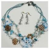H -BLUE FLOWER MILLEFIORI NECKLACE / EARRINGS