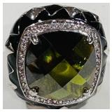 H -DESIGNER LARGE GREEN SOLITAIRE ENAMEL CRYSTAL R