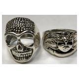 11 - TWO SILVER TONE SKULL & WING BIKER RINGS (119