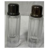 N - CUT GLASS SALT & PEPPER SHAKERS W/ SILVER TONE