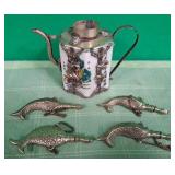 N -ANTIQUE CHINESE TEA KETTLE, FISH-SHAPED BOTTLES