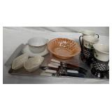 N - VINTAGE DISHWARE, KNIVES & TRAY (C229)