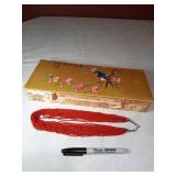 Red Stone Necklace 20" and Hand Painted Silk Box