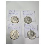Four 1964D Kennedy halves
