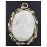 10kt Gold Antique Cameo-Seed Pearl Brooch