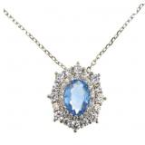 Oval Blue & White Topaz Halo Designer Necklace