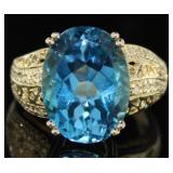 14kt Gold Oval 11.68 ct Blue Topaz-Diamond Ring