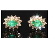 10kt Gold Oval Natural Emerald & Diamond Earrings