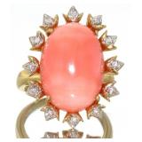18k Gold Vintage Cabochon Pink Opal & Diamond Ring