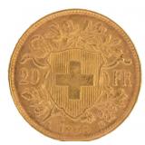 1935 Helvetia Swiss 20 Gold Francs Coin
