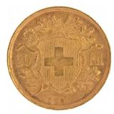 1947 Helvetia Swiss 20 Gold Francs Coin