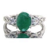 Genuine Oval Emerald & White Zircon Ring